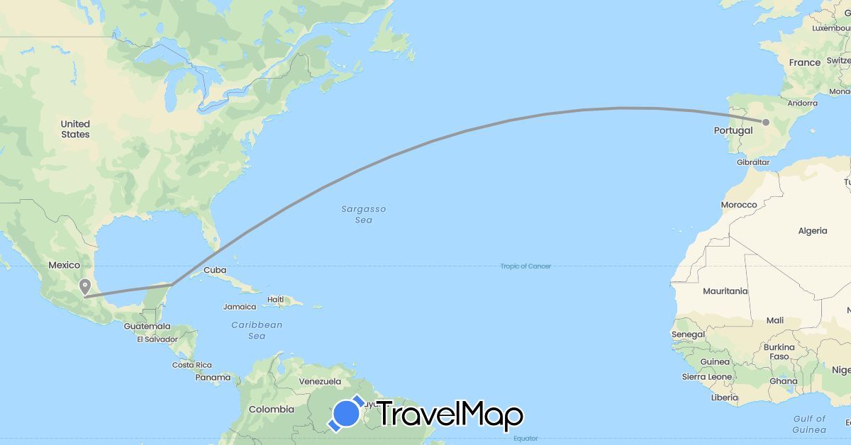 TravelMap itinerary: driving, plane in Spain, Mexico (Europe, North America)